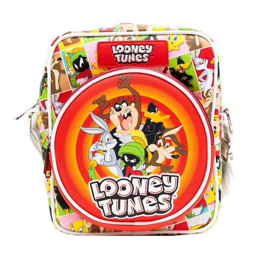 Looney Tunes Vegan Leather Crossbody Bag with Front and Back Zip Pocket, Looney Tunes Bullseye Group Pose and Character Block Poses, 8.5" x 10.0"