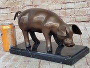 Bronze Metal Pig Sculpture Statue Figure on Marble Base Signed Art Decor Farm Animal