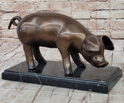 Bronze Metal Pig Sculpture Statue Figure on Marble Base Signed Art Decor Farm Animal