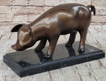 Bronze Metal Pig Sculpture Statue Figure on Marble Base Signed Art Decor Farm Animal