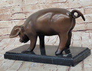Bronze Metal Pig Sculpture Statue Figure on Marble Base Signed Art Decor Farm Animal