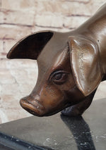 Bronze Metal Pig Sculpture Statue Figure on Marble Base Signed Art Decor Farm Animal