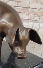 Bronze Metal Pig Sculpture Statue Figure on Marble Base Signed Art Decor Farm Animal