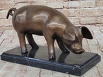 Bronze Metal Pig Sculpture Statue Figure on Marble Base Signed Art Decor Farm Animal