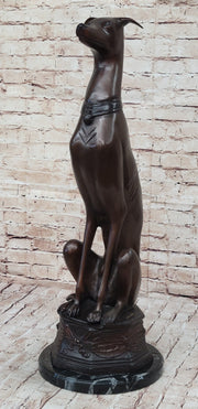 Art Deco Life Size Sitting Greyhound Dog Bronze Sculpture Marble Base Statue
