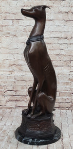 Art Deco Life Size Sitting Greyhound Dog Bronze Sculpture Marble Base Statue