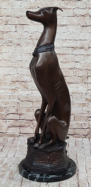 Art Deco Life Size Sitting Greyhound Dog Bronze Sculpture Marble Base Statue