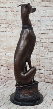 Art Deco Life Size Sitting Greyhound Dog Bronze Sculpture Marble Base Statue