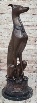 Load image into Gallery viewer, Art Deco Life Size Sitting Greyhound Dog Bronze Sculpture Marble Base Statue
