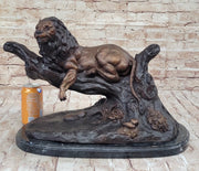 Lion Resting on a Branch - Bronze Sculpture Statue Wildlife Decor by J. Moigniez