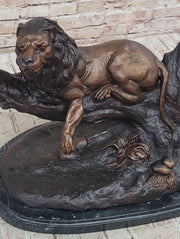 Lion Resting on a Branch - Bronze Sculpture Statue Wildlife Decor by J. Moigniez