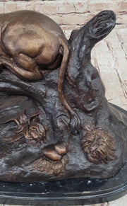 Lion Resting on a Branch - Bronze Sculpture Statue Wildlife Decor by J. Moigniez