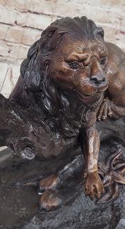 Lion Resting on a Branch - Bronze Sculpture Statue Wildlife Decor by J. Moigniez