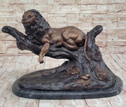 Lion Resting on a Branch - Bronze Sculpture Statue Wildlife Decor by J. Moigniez