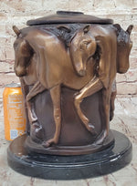 Bronze Horse Relief Sculpture Vase – Equestrian Art Urn with Horse Figures on Marble Base