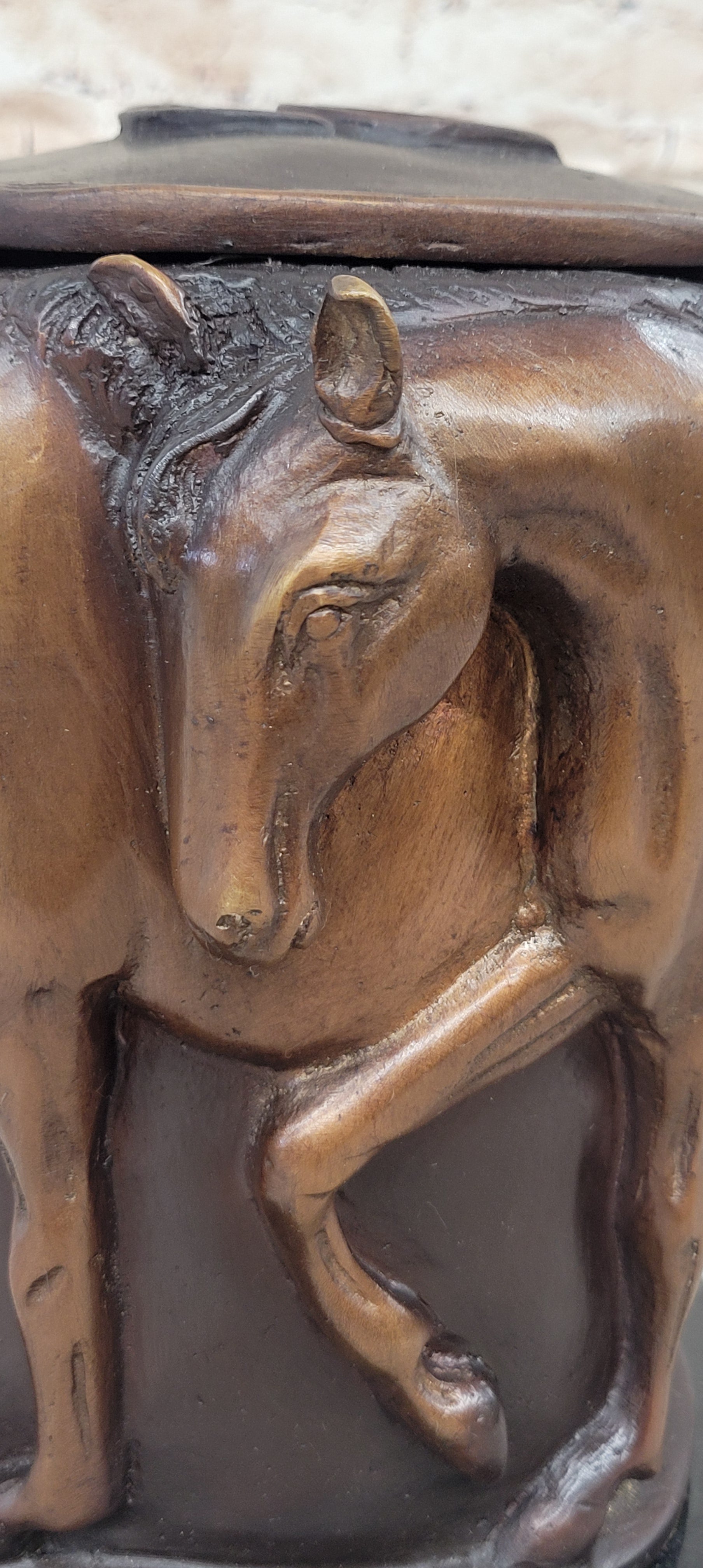 Bronze Horse Relief Sculpture Vase – Equestrian Art Urn with Horse Figures on Marble Base