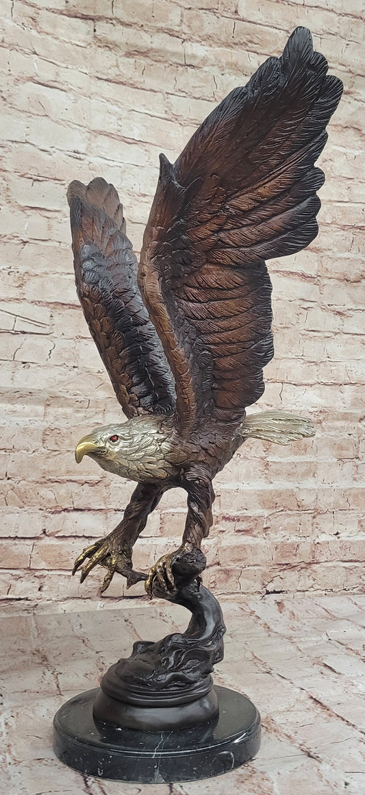 Signed Moigniez Eagle Catch Fish Bronze Sculpture Multi Color Patina Figurine 24" x 13"