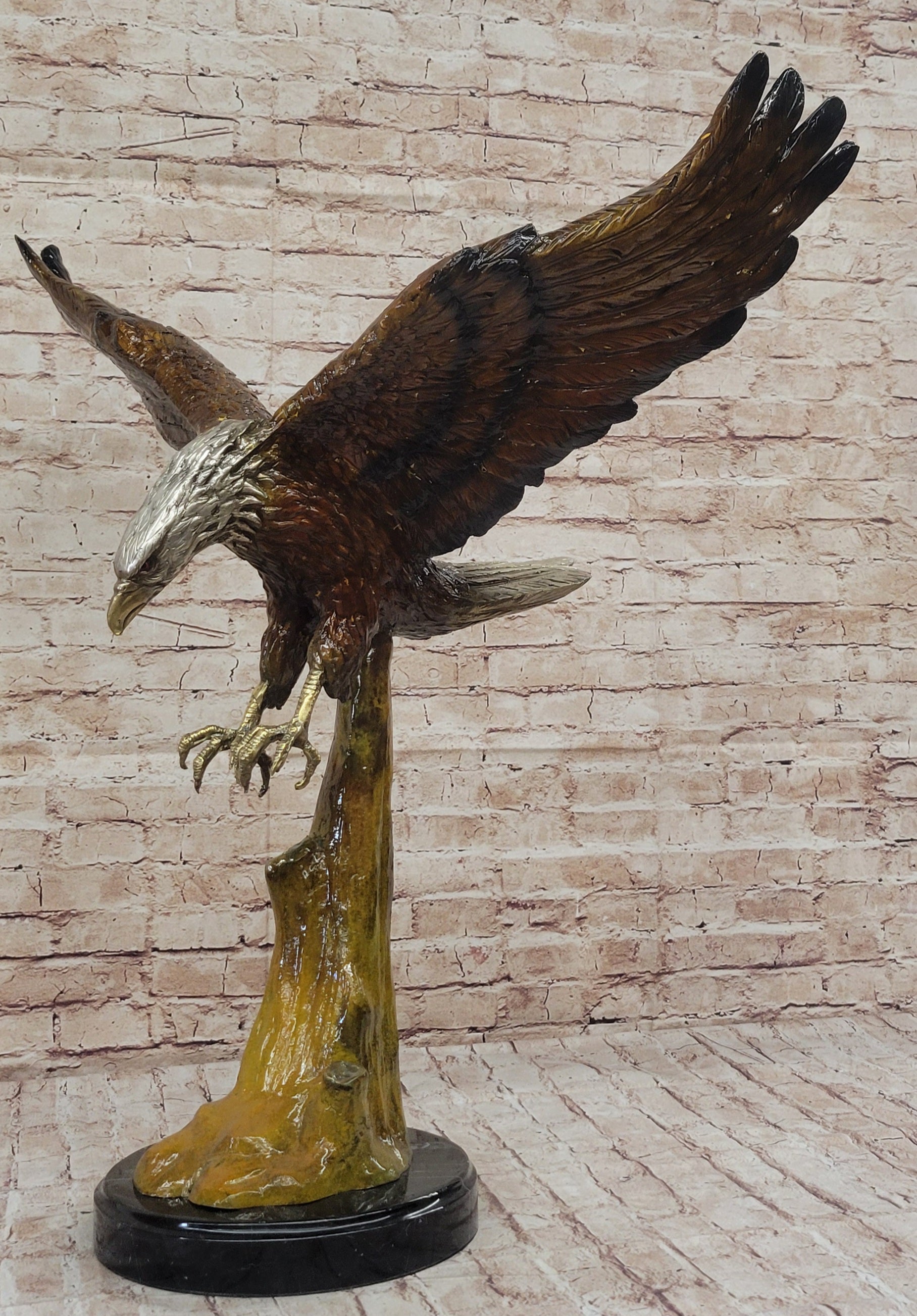 Multi Color Patina American Bald Eagle Bronze Sculpture Marble Base 32" x 26"