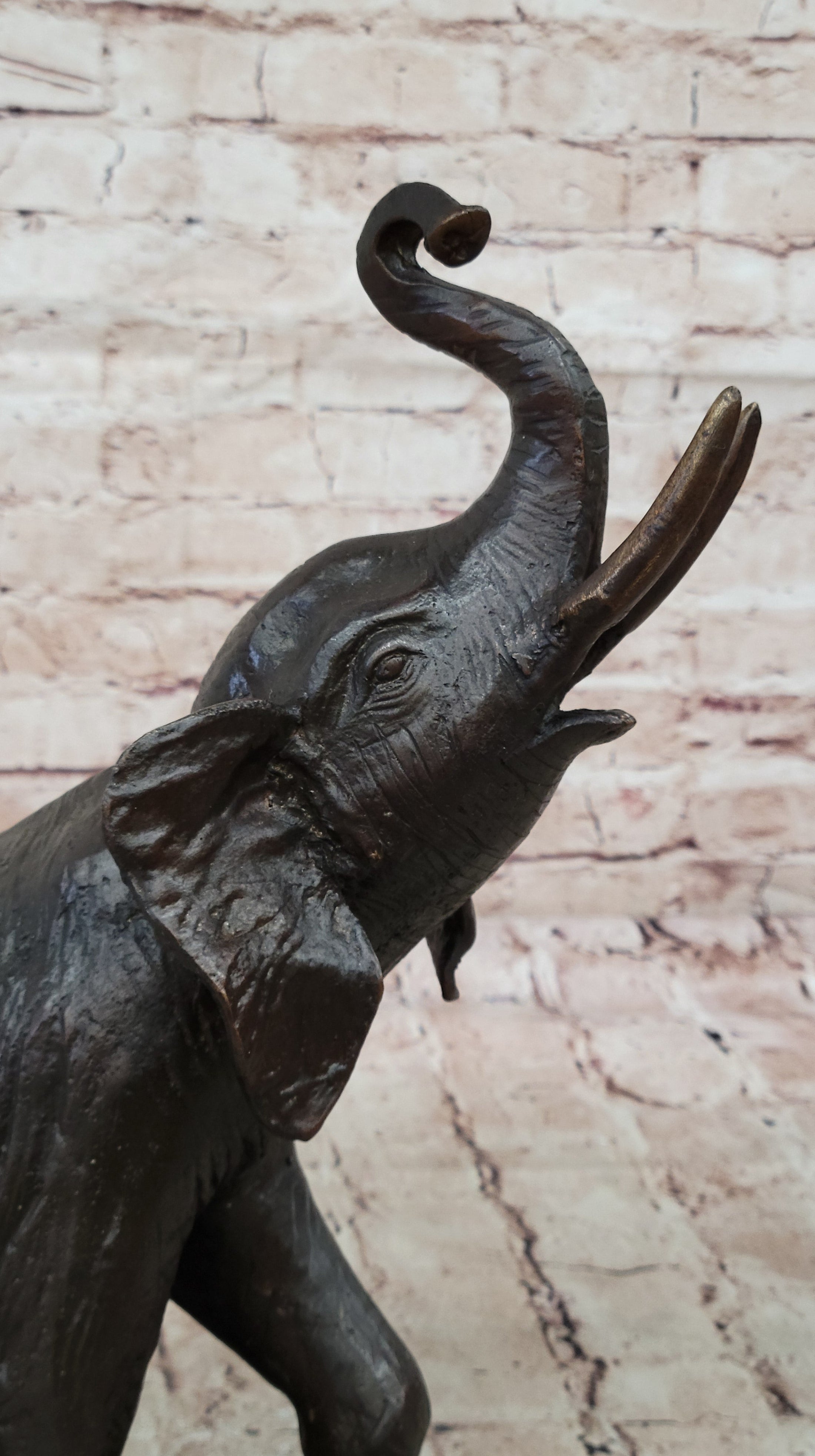 Trumpeting Happy Elephant Bronze Statue Sculpture Marble Base 16" x 10"