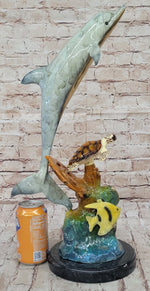 Dolphin Sea Turtle and Fish Colorful Bronze Metal Sculpture Statue Marine Decor Signed Numbered