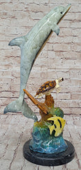 Load image into Gallery viewer, Dolphin Sea Turtle and Fish Colorful Bronze Metal Sculpture Statue Marine Decor Signed Numbered
