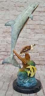 Dolphin Sea Turtle and Fish Colorful Bronze Metal Sculpture Statue Marine Decor Signed Numbered