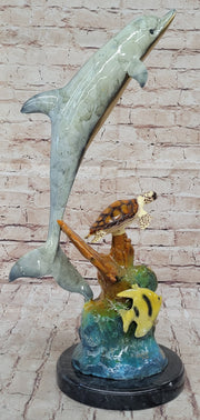 Dolphin Sea Turtle and Fish Colorful Bronze Metal Sculpture Statue Marine Decor Signed Numbered