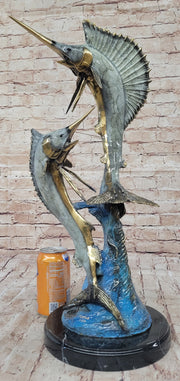 Real Bronze Metal Marlin Sailfish Swordfish Sculpture Statue Original Art on Marble Base