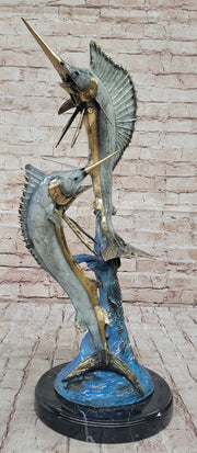 Real Bronze Metal Marlin Sailfish Swordfish Sculpture Statue Original Art on Marble Base