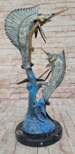 Real Bronze Metal Marlin Sailfish Swordfish Sculpture Statue Original Art on Marble Base