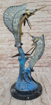 Real Bronze Metal Marlin Sailfish Swordfish Sculpture Statue Original Art on Marble Base