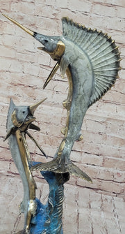 Real Bronze Metal Marlin Sailfish Swordfish Sculpture Statue Original Art on Marble Base