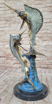Real Bronze Metal Marlin Sailfish Swordfish Sculpture Statue Original Art on Marble Base