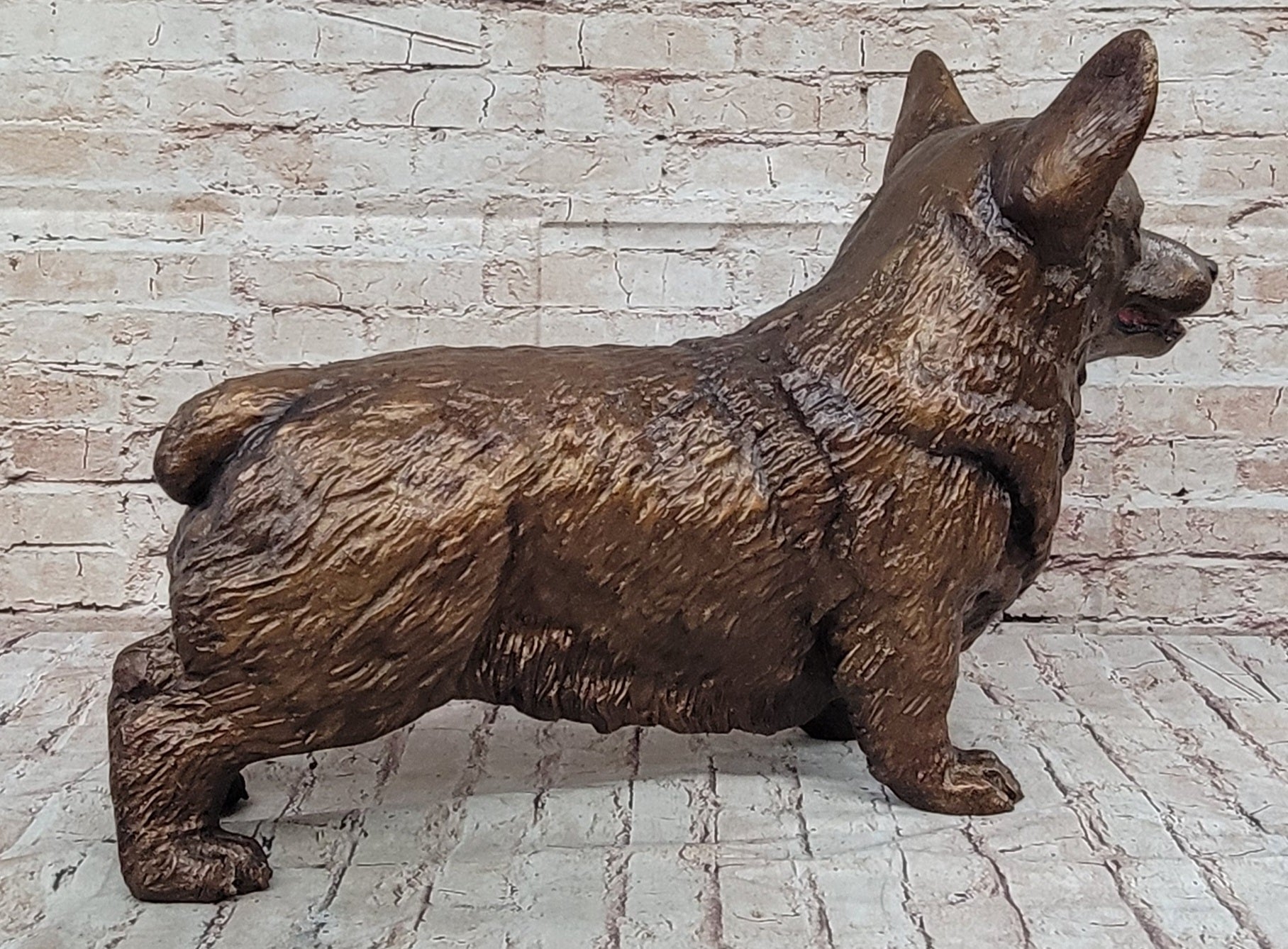 Bronze Metal Corgi Dog Sculpture Statue Figurine Collectible Decor Signed Art