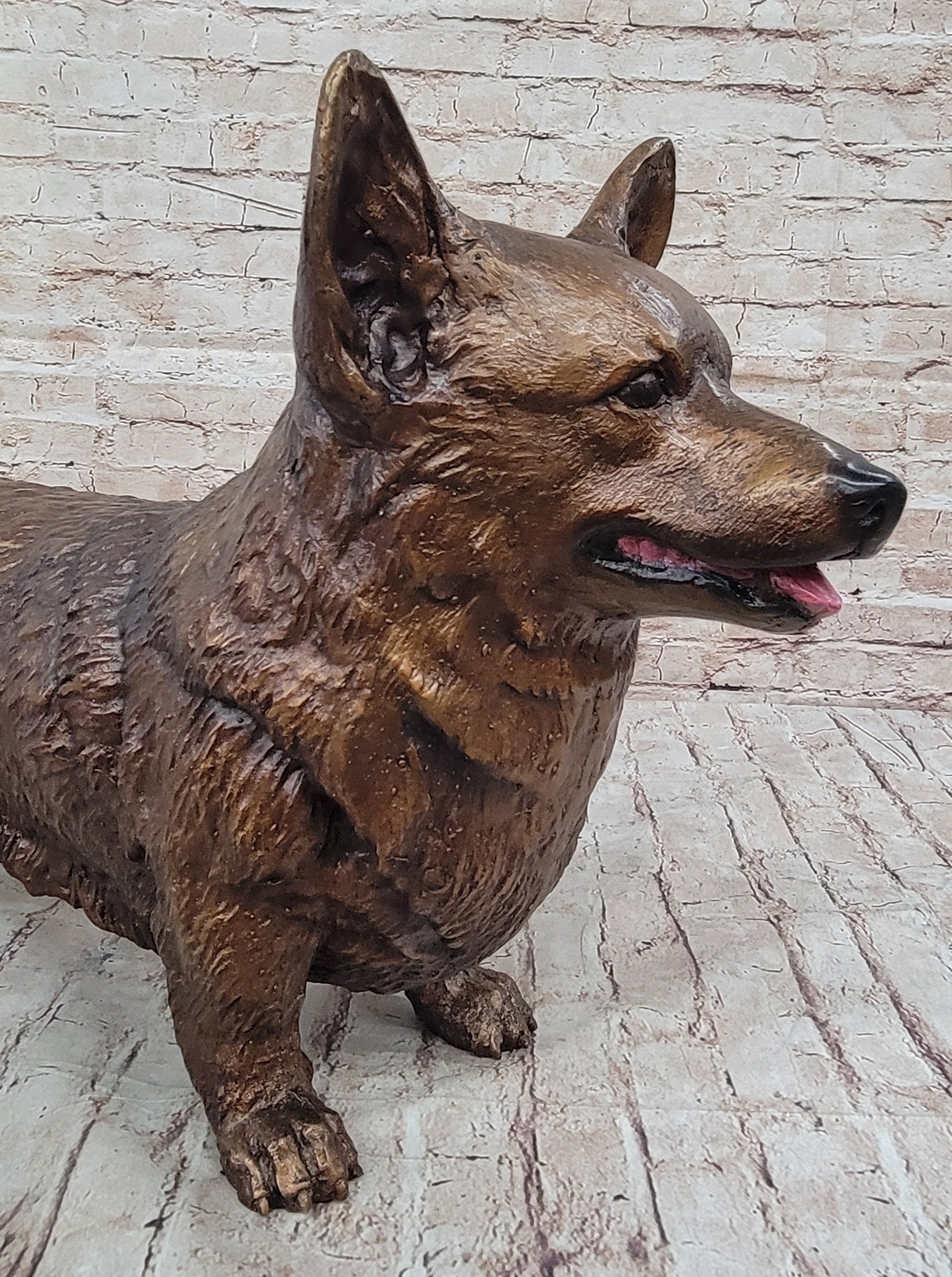 Bronze Metal Corgi Dog Sculpture Statue Figurine Collectible Decor Signed Art
