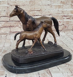 Bronze Sculpture Figurine Mare W/ Her Baby Horse Stallion Farm Art Deco Moigniez