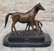 Bronze Sculpture Figurine Mare W/ Her Baby Horse Stallion Farm Art Deco Moigniez