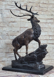 Elk Reindeer Caribou Stag Buck Wildlife Bronze Statue Sculpture on Marble Base