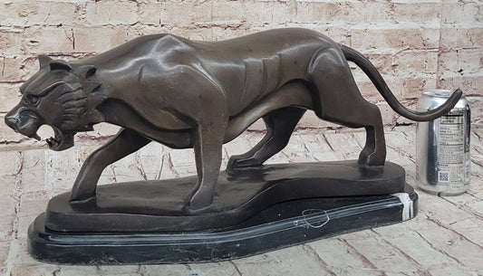 Modern Art Saber Tooth Tiger Bronze Metal Statue Sculpture Collectible Predator 9" x 22"