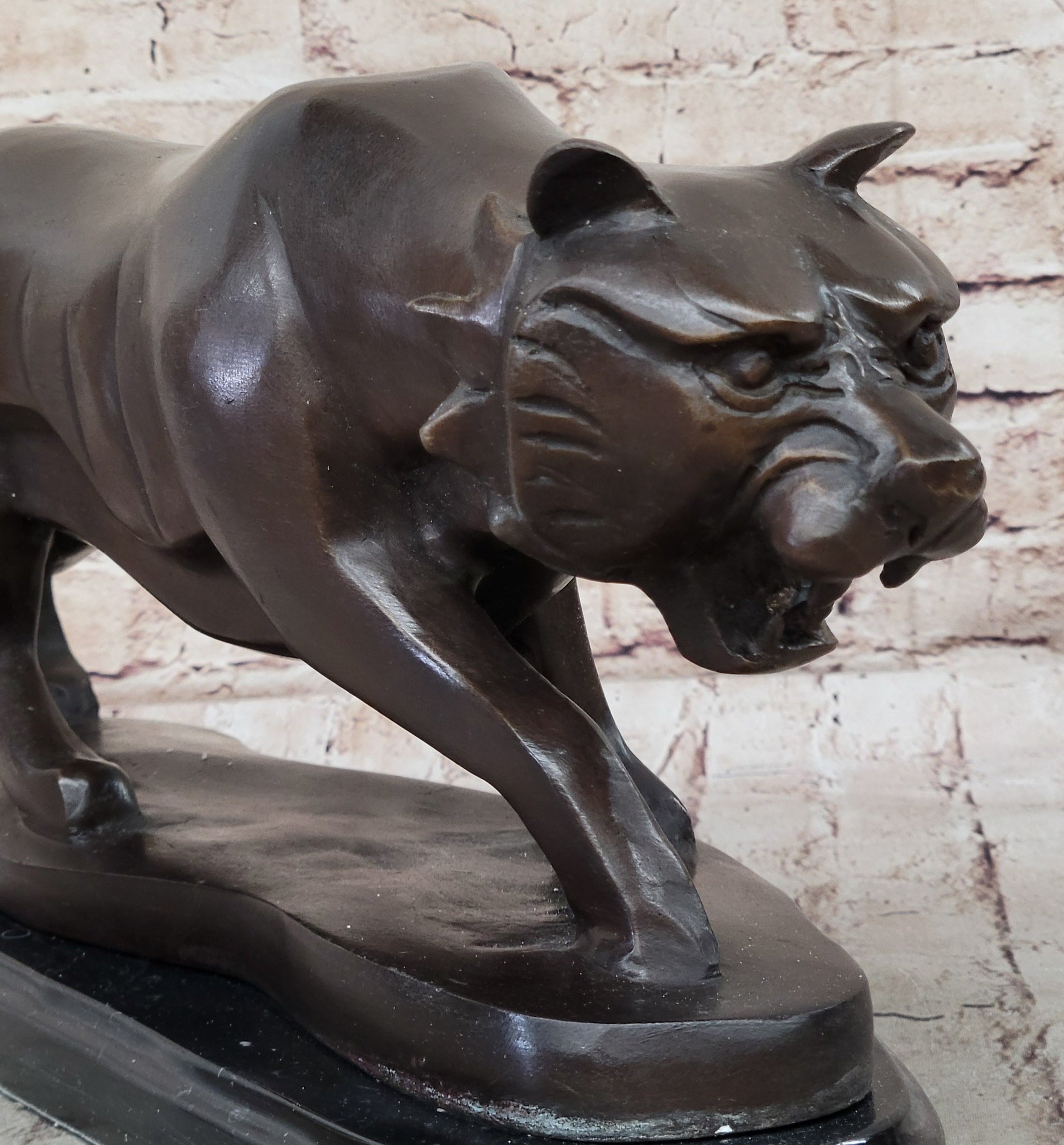 Modern Art Saber Tooth Tiger Bronze Metal Statue Sculpture Collectible Predator 9" x 22"