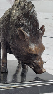 Wild Boar Pig Feral Hog Bronze Statue Sculpture Figure on Marble Base J. Moigniez