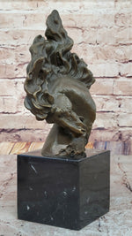 Dynamic Bronze Horse Head Bust – Swirling Mane Equine Sculpture on Marble Base