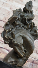 Dynamic Bronze Horse Head Bust – Swirling Mane Equine Sculpture on Marble Base