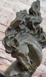 Dynamic Bronze Horse Head Bust – Swirling Mane Equine Sculpture on Marble Base