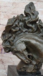 Dynamic Bronze Horse Head Bust – Swirling Mane Equine Sculpture on Marble Base