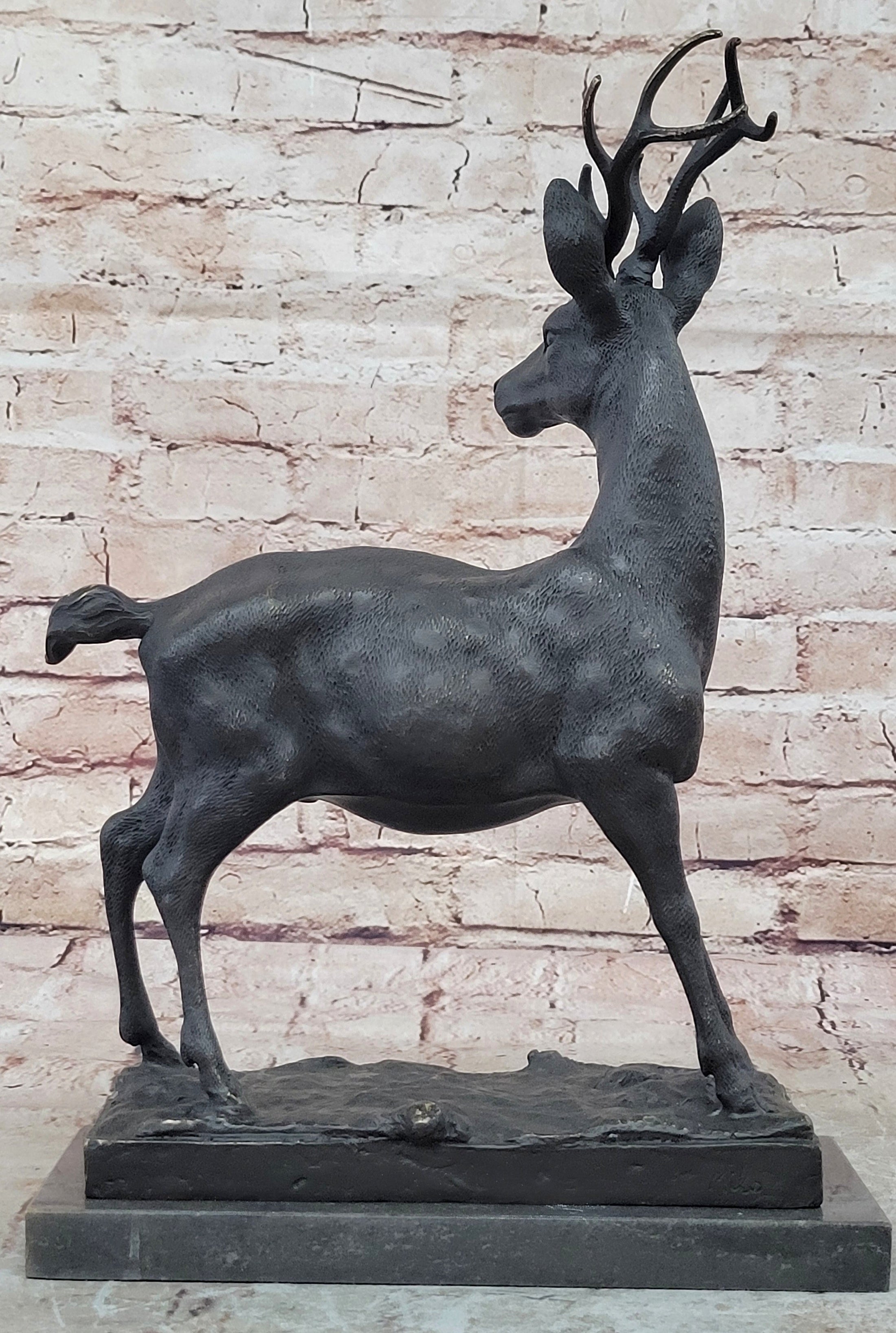 Elk Reindeer Stag Buck Hot Cast Bronze Figure Sculpture on Marble Base by Milo 