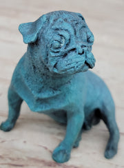Pug Dog Puppy Bronze Metal Figurine Sculpture Decor Collectible Blue Patina Original Art