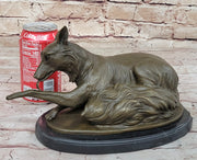 German Shepherd Bushy Tailed Dog Licking Paw Bronze Statue Sculpture Original Milo
