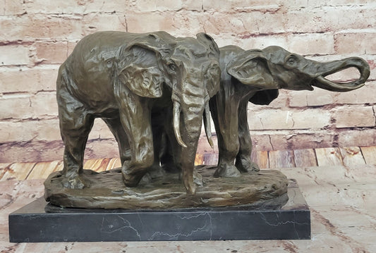 Bronze Elephant Pair Sculpture – Majestic Wildlife Art on Marble Base by Milo
