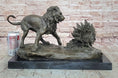 Load image into Gallery viewer, Lion vs. Porcupine Bronze Statue Sculpture Wildlife Art Decor on Marble Base 
